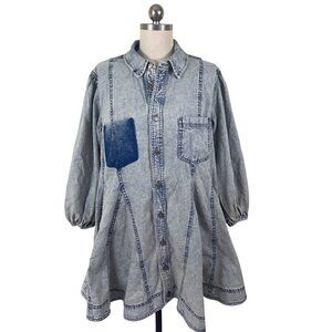 Free People Denim Shirt Dress Womens XS Flare Short Long Sleeve Western Boho